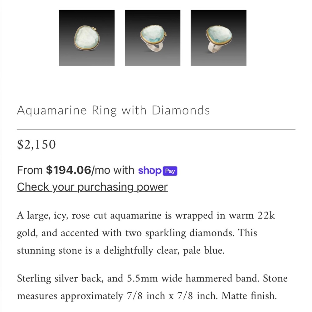 Ananda Khalsa Aquamarine Ring with 2 diamonds. New in box. - Picture 8 of 8